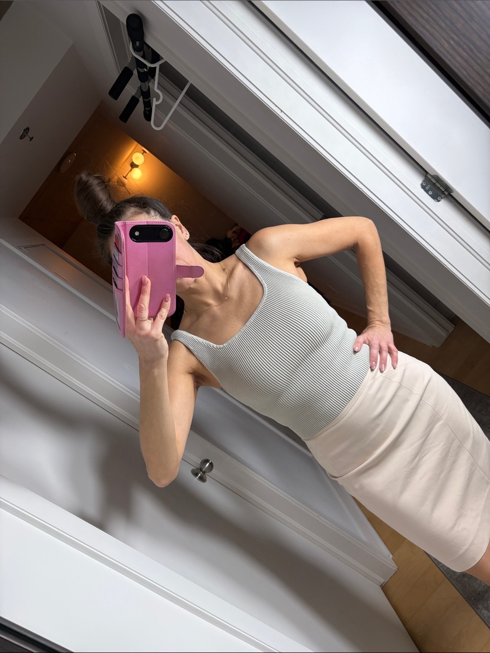 Babaton Ribbed Stretch Tank in Light Gray and Cream